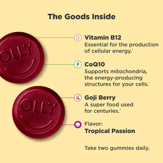 OLLY Daily Energy Gummy, Caffeine Free, Vitamin B12, CoQ10, Goji Berry, Adult Chewable Supplement, Tropical Flavor - 60