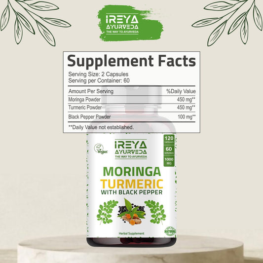 Organic Moringa Oleifera Powder & Turmeric Root Powder With Blackpepper 120 Capsules | Made With Organic Moringa, Turmer