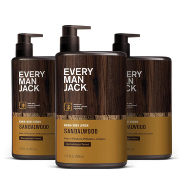 Every Man Jack Mens Sandalwood Hand & Body Lotion for All Skin Types - Dermatologist Tested & Hypoallergenic - Nourish Skin with Lightweight Fast Absorbing Lotion - 13.5 3 Bottles