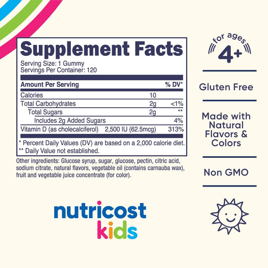 Nutricost Kids Vitamin D3 Gummies 2,500 IU (62.5mcg), 120 Gummies - Mi