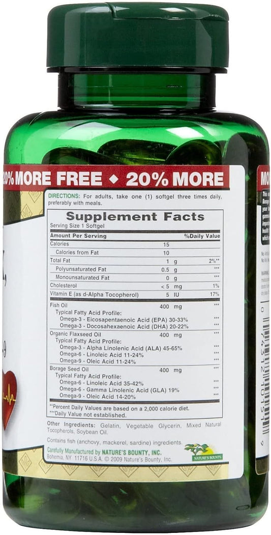 Nature's Bounty Fish, Flax, Borage 1200mg, Omega 3-6-9, 72 Softgels