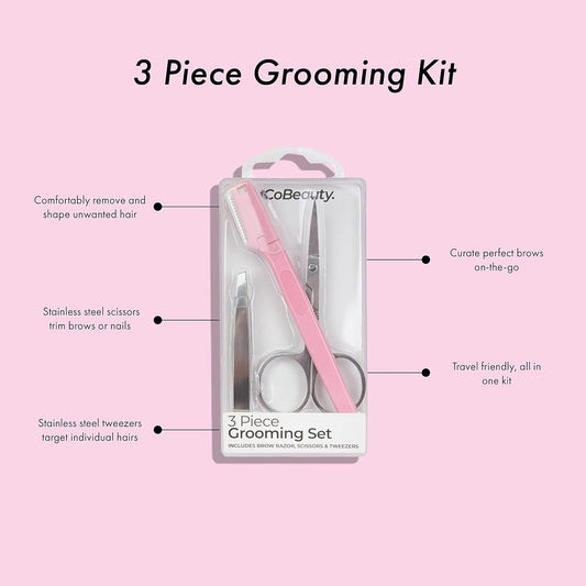 MCoBeauty Grooming Kit - Stainless Steel Brow Razor, Tweezers And Scissors - Remove Unwanted Hair And Shape Brows - Resulting In A Smooth Finish - Travel Friendly, All In One Kit - 3 Pc