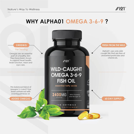 Omega 3-6-9 Fish Oil 2400mg - Wild-Caught - with Flax Oil & Borage Oil64 Grams