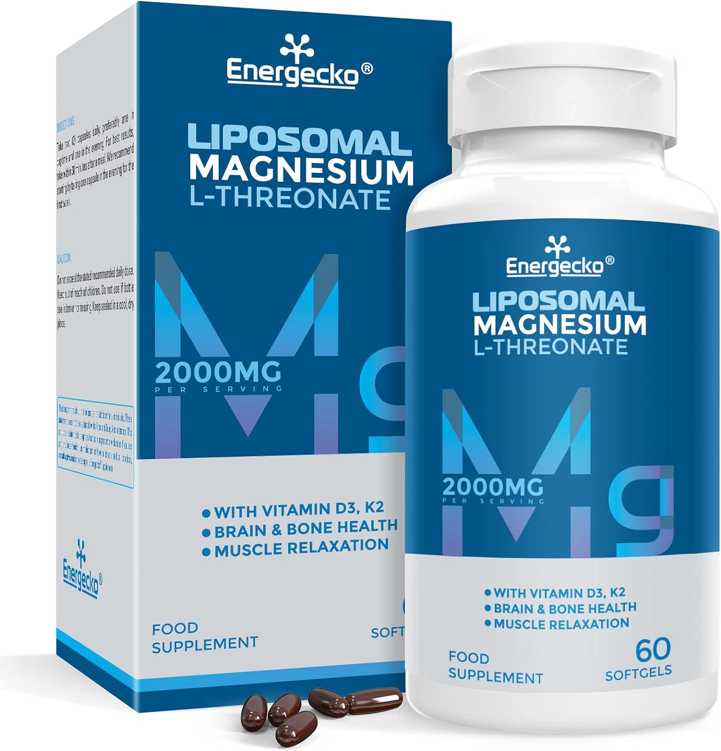 Enerrgecko Liposomal Magnesium L-Threonate Softgels 2000mg - Magnesium Supplement with Vitamin D3 & K2 - Brain and Bone