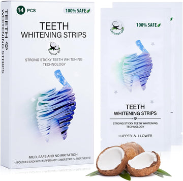 Teeth Whitening Strips, 14PC Coconut Whitening Strips for Teeth Sensitive Non-Toxic | Safe for Teeth Enamel, Professional Hydrogen Peroxide Teeth Whitener Remove Coffee Wine Tobacco Other Stains