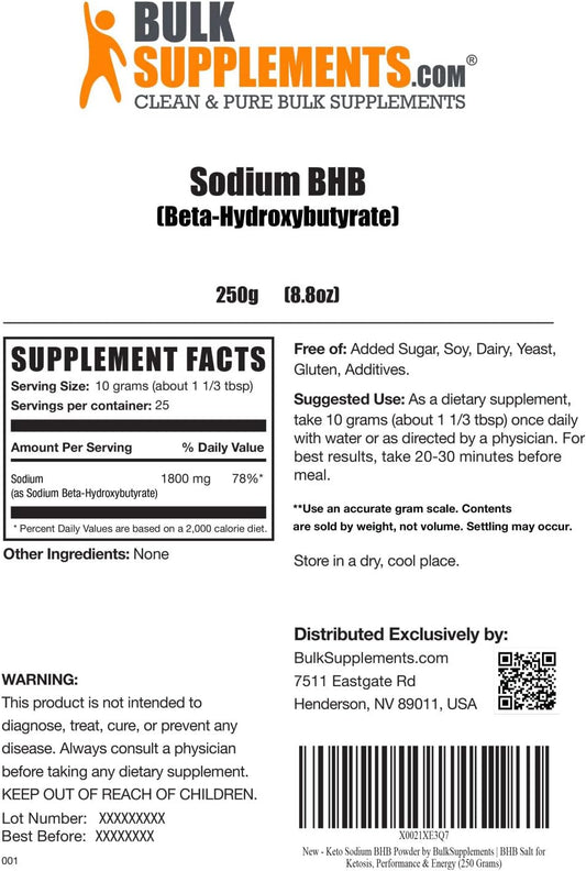 BulkSupplements.com Sodium BHB Powder - Keto BHB - Keto Energy - Exogenous Ketones Powder - BHB Salts - Keto Boost - Ket