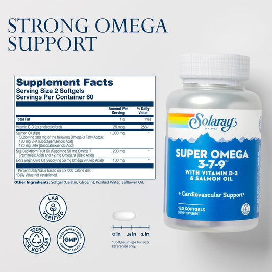 SOLARAY Super Omega 3 7 9 Supports Healthy Skin, Cardiovascular Function, More EPA, DHA, Essential Fatty Acids from Fish Oil Mini Softgel, 120ct
