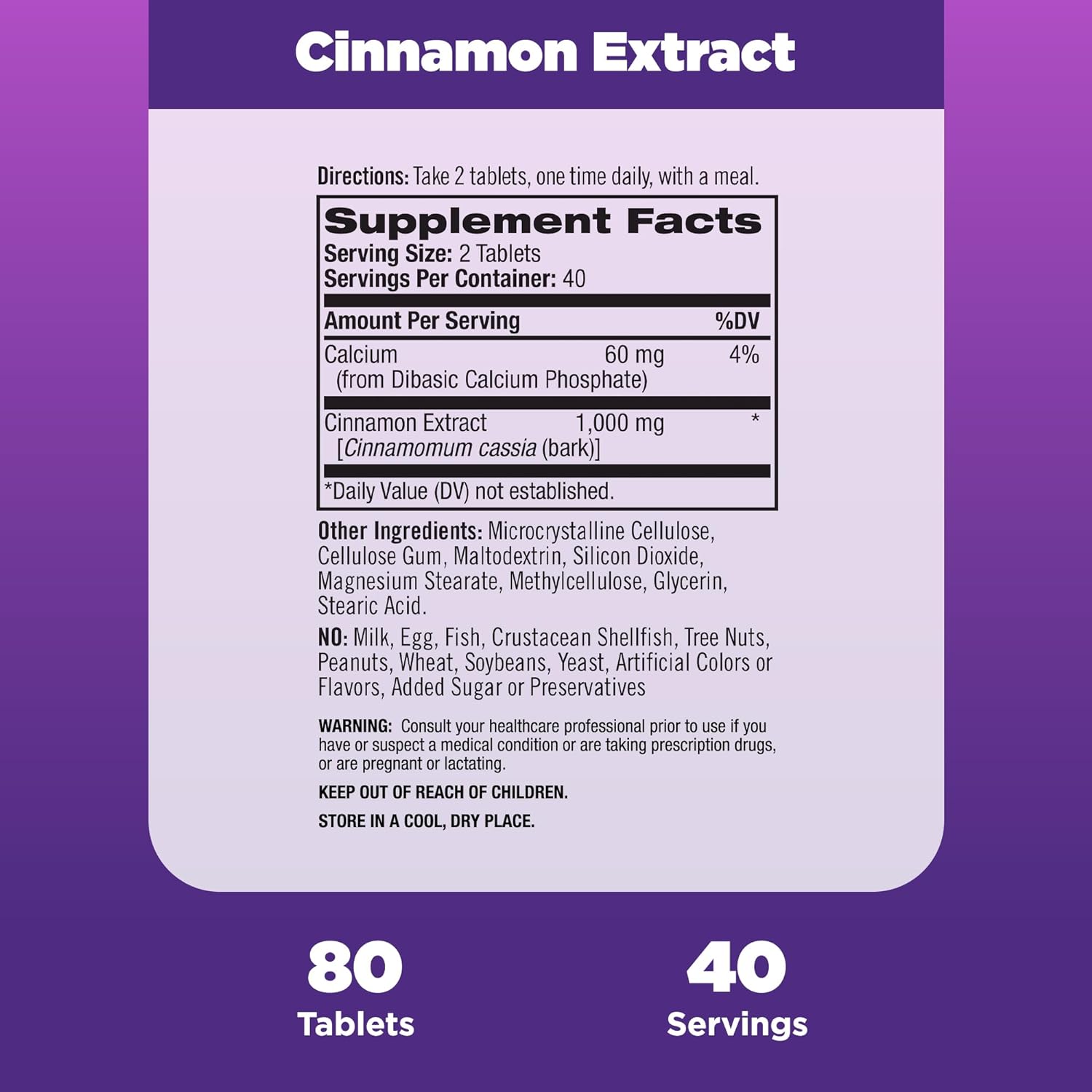 Natrol Cinnamon Extract 1000MG, Non GMO, Drug Free, 80 Tablets (Pack o