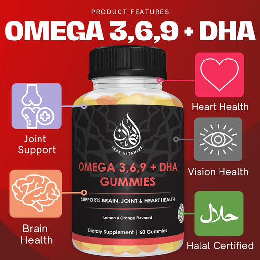 Iman Vitamins Halal Omega 3 6 9 + DHA Gummies for Adults | Supports Healthy Eyes, Brain, Immune & Heart Health | Vegetar