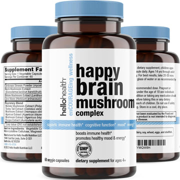 Happy Brain Mushroom Complex Nootropics Brain Support Supplement | 10 Mushroom Supplement: Lions Mane, Turkey Tail, Red