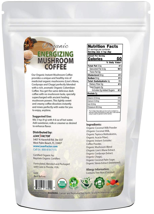 Lean Factor: Organic Energizing Mushroom Coffee - Bag of Premium and Nutrient-Packed Coffee With Lion’s Mane, Cordyceps & Chaga - Lightly Sweetened & Creamy Taste - Non GMO & Gluten Free