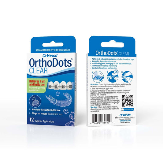 OrthoDots CLEAR (24 Count) - Moisture Activated, Silicone Dental Wax Alternative for Pain Caused by Braces. OrthoDots Stick Better & Stay on Longer than Orthodontic Wax (24 Count Clear)