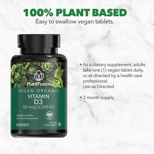 PlantFusion Vegan Vitamin D3 2000IU, Organic Vitamin D3, Sourced from