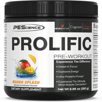 PEScience Prolific Pre Workout Powder, Mango Splash, 40 Scoops, Energy Supplement with Nitric Oxide