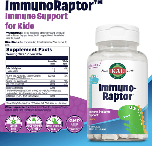KAL ImmunoRaptor Kids Immune Support Chewables, Vitamin C and Zinc for Healthy Cell Function, Dinosaur Shaped, Orange avor, Gluten, Lactose, and Peanut-Free, Sweetened with Xylitol, 60 Servings