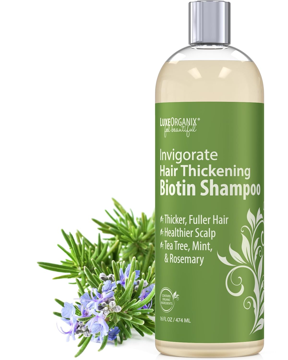 LuxeOrganix Biotin Thickening Shampoo for Thinning Hair - Organic, Volumizing Formula with Mint, Tea Tree & Rosemary for Healthy Scalp and Hair Growth - Safe for Colored or Keratin Treated Hair