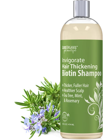 LuxeOrganix Biotin Thickening Shampoo for Thinning Hair - Organic, Volumizing Formula with Mint, Tea Tree & Rosemary for Healthy Scalp and Hair Growth - Safe for Colored or Keratin Treated Hair