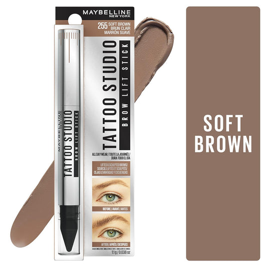 Maybelline New York TattooStudio Brow Lift Stick Makeup with Tinted Wax Conditioning Complex, Soft Brown, 1 Count