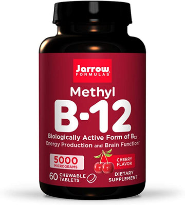 Jarrow Formulas Methyl B-12 5000 Mcg - 60 Chewable Tablets, Cherry - Bioactive Vitamin B12 - Supports Energy Production, Brain Health & Metabolism - Gluten Free -Pink 60 Servings