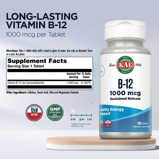 KAL Vitamin B12 1000mcg, Sustained Release Supplement for Healthy Ener