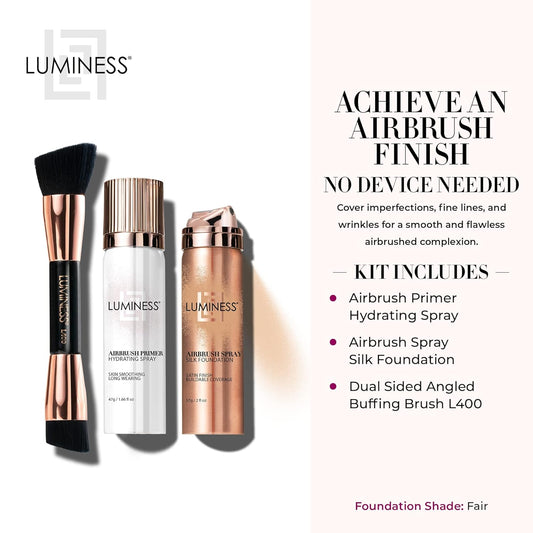 LUMINESS Silk Airbrush Spray Foundation Makeup Starter Kit - Full Coverage Foundation, Primer & Dual-Sided Buffing Brush - Buildable Coverage, Anti-Aging Formula Hydrates & Moisturizes (Shade - Fair)