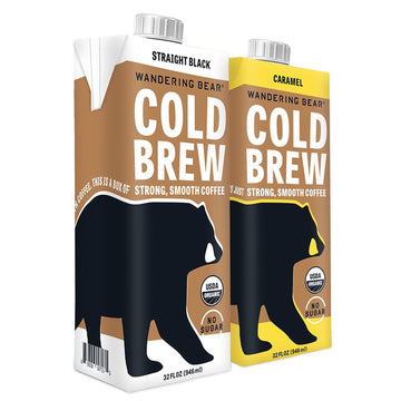 Wandering Bear Cold Brew Coffee, Straight Black & Caramel Bundle, , 2 pack - Organic, Smooth, Shelf-Stable, and Ready to Drink