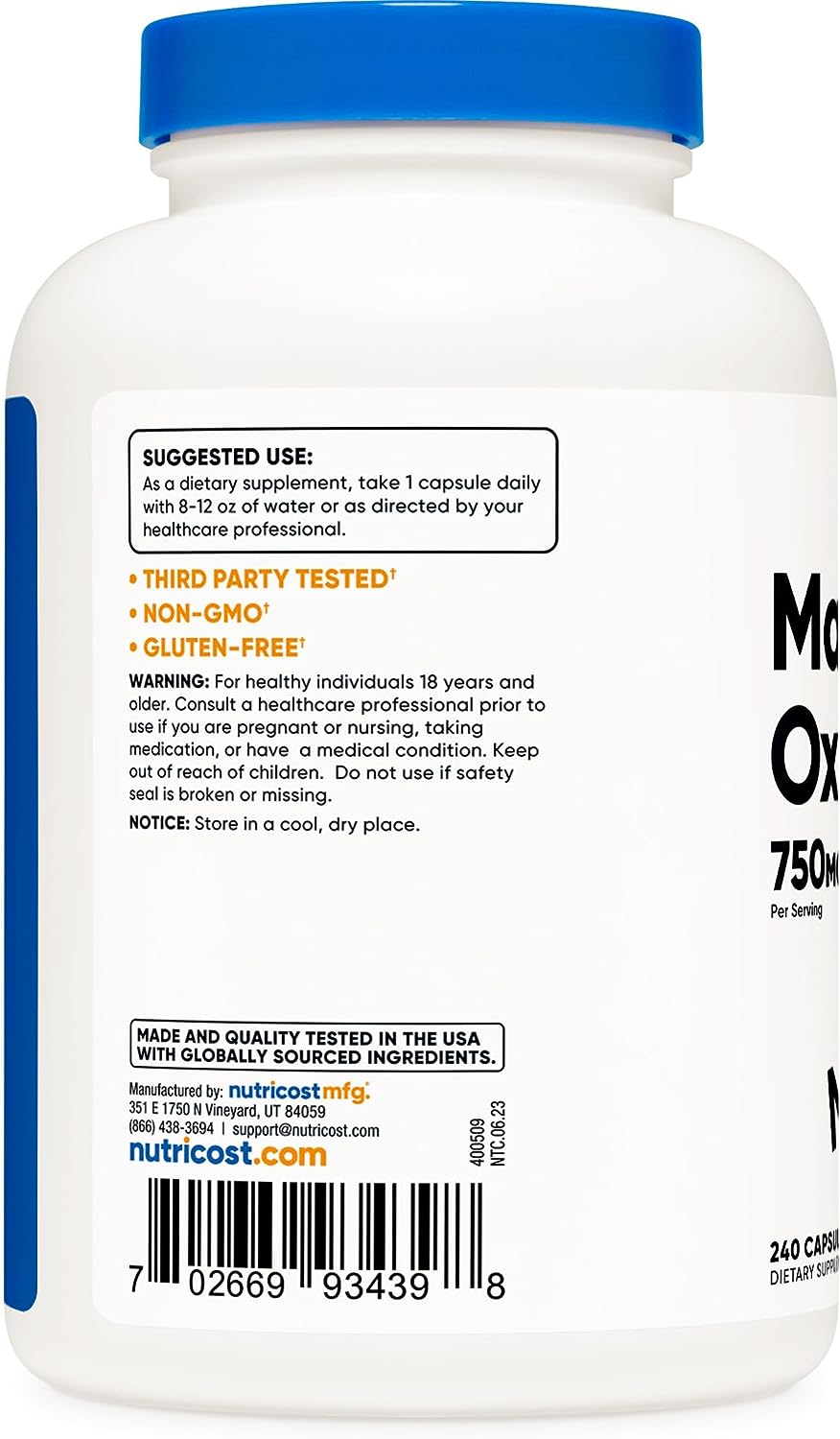  Nutricost Magnesium Oxide 750mg, 240 Capsules - 420mg of Ma