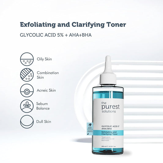 The Purest Solutions Exfoliating and Clarifying Toner (Glycolic Acid 5% AHA + BHA) - For All Skin Types - Balance Sebum Secretion - Reduce Pores Appearance - Vegan | Cruelty Free (6.76 . )