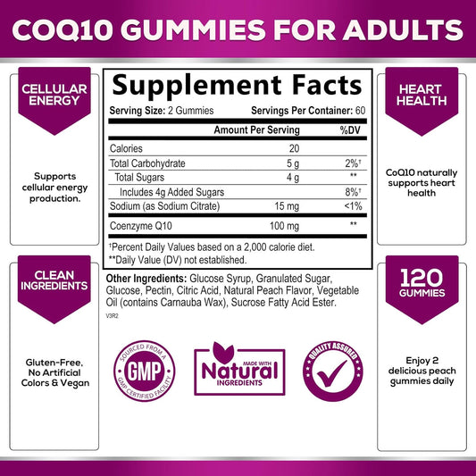 CoQ10 Gummies, CoQ10 100 mg Supplement for Heart Health Support & Cellular Energy Production - Gluten Free Vegan & Non-G