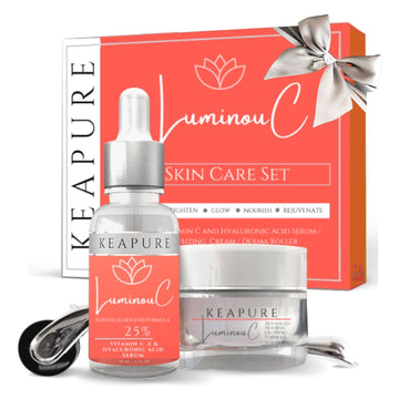 Derma Roller Kit for Face and Body - Keapure LuminouC Skin Care Kit 540 Microneedling Face Roller, Vitamin C Hyaluronic Acid Serum, Large 30 Moisturizing Cream | Microneedle Roller Set