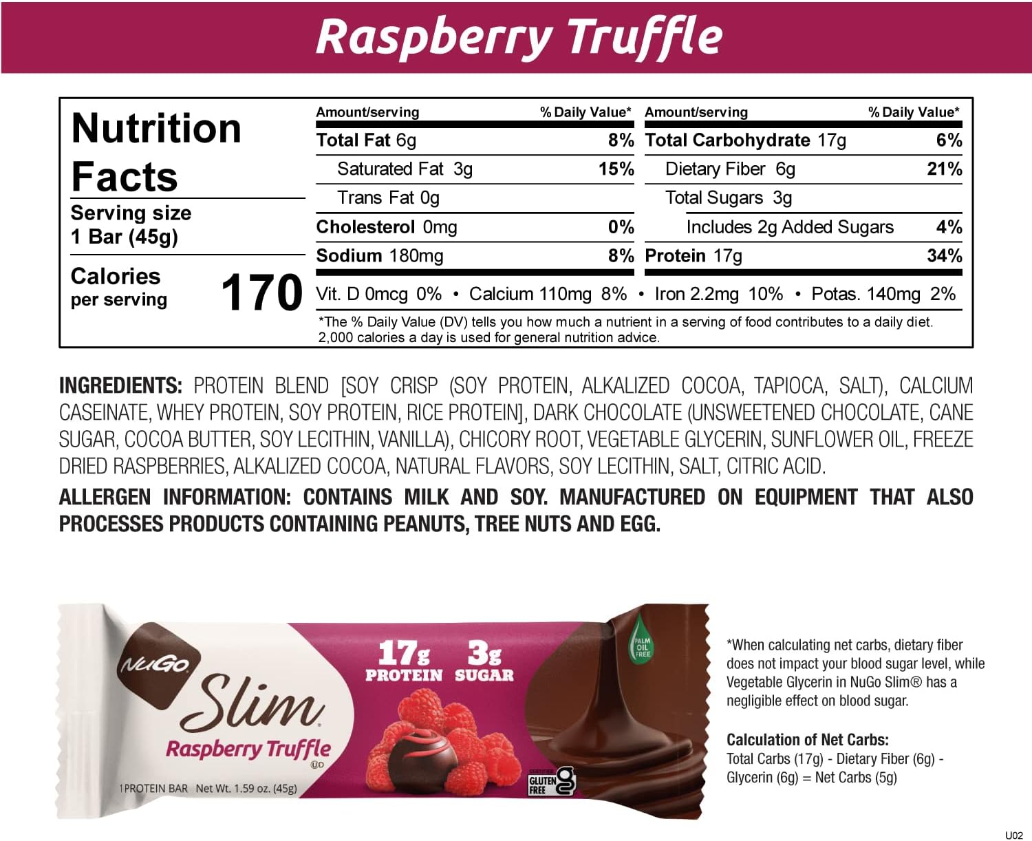 NuGo Slim Dark Chocolate Raspberry Truffle, 17g Protein, 2g Sugar, 7g 