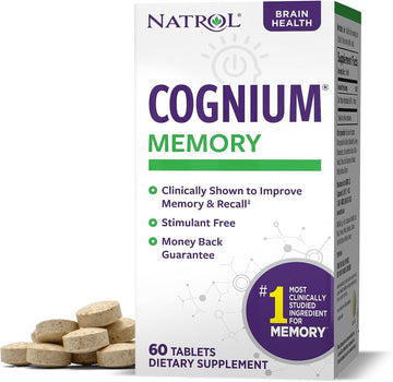 Natrol Cognium Memory, 100mg Silk Protein Hydrosate, 60 Tablets, 30 Servings, Brain Health Support, Keeps Memory Strong, Clinically Shown to Improve Memory and Recall in Healthy Adults, Stimulant Free