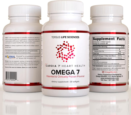 Cardia 7 Heart Health Omega 7 - Containing Patented Provinal Purified Omega 7 Fatty Acids - No Fish Smell or Burp-Back -