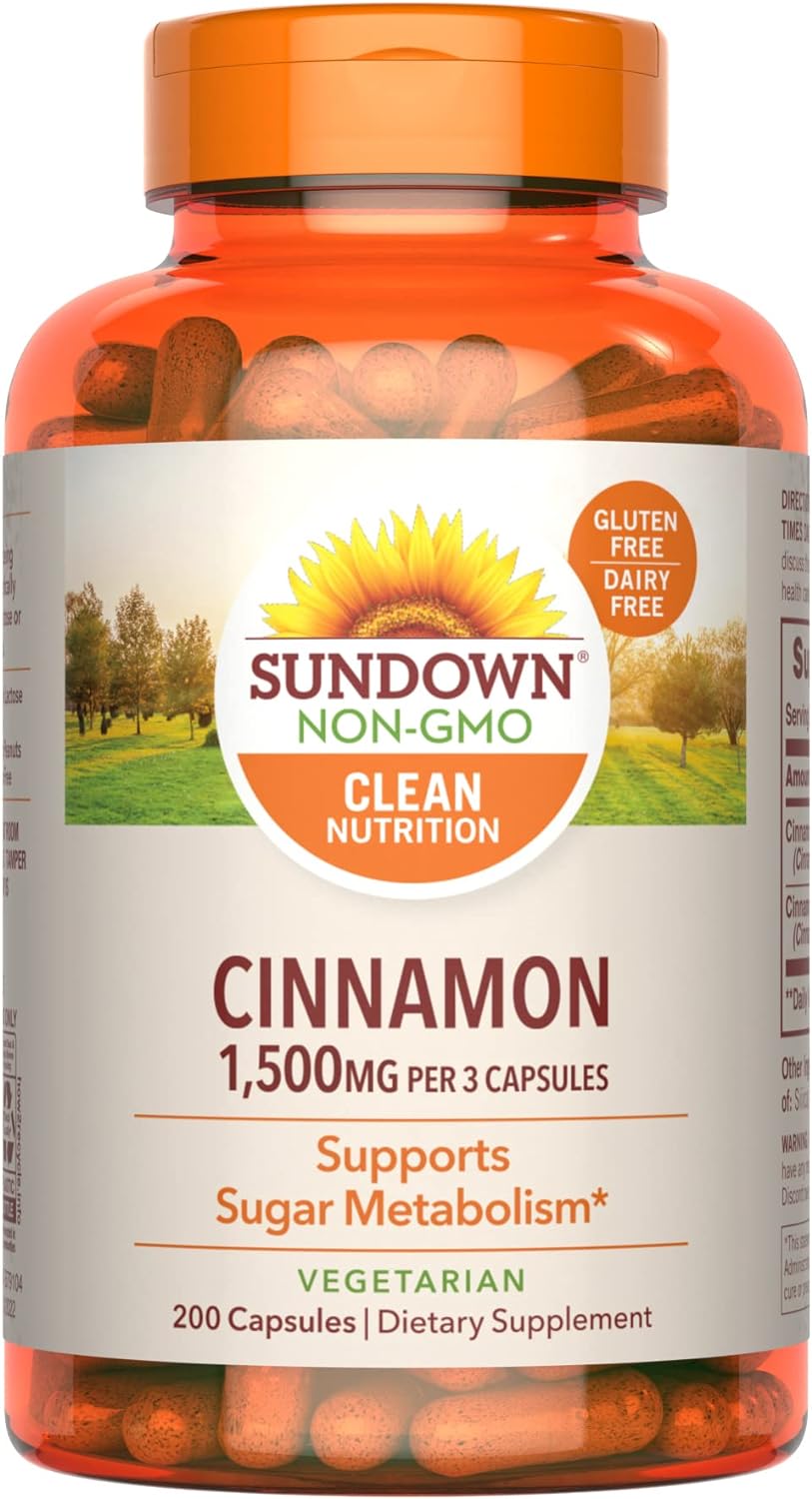 Sundown Cinnamon Capsules, Support Sugar Metabolism, Non-GMO, Free of