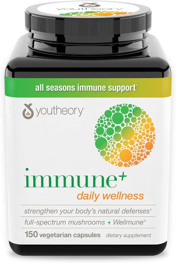 Youtheory Immune+ Daily Wellness- Organic Mushrooms- Beta Glucan- Vitamin C, D3 & Zinc 150 Vegetarian Caps