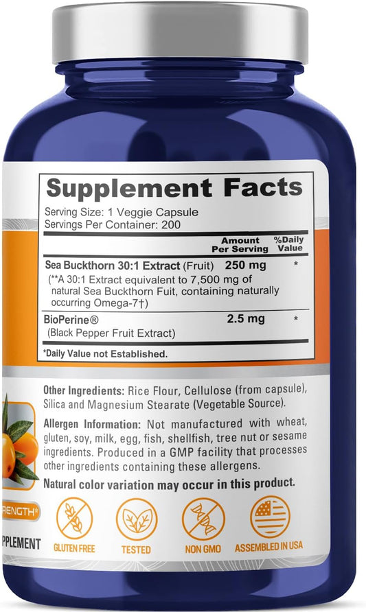 Sea Buckthorn (Omega 7) 7500mg 200 Veggie Powder Caps - Extract 30:1, Non-GMO & Gluten Free