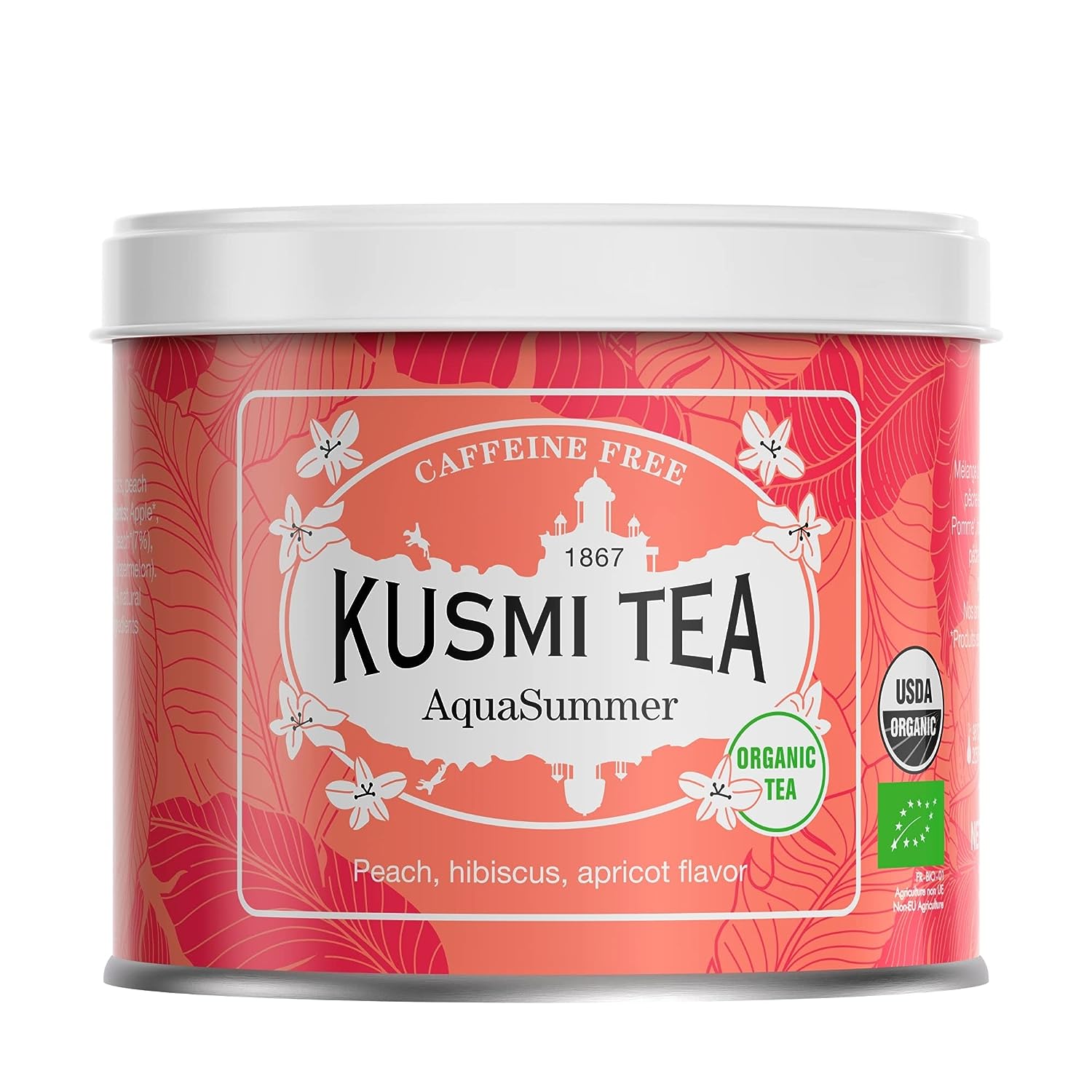 Kusmi Tea AquaSummer - Loose Tea Tin - Organic Herbal Tea - Flavored with Hibiscus, Peach & Apricot - Caffeine Free - Enjoy Hot or Iced