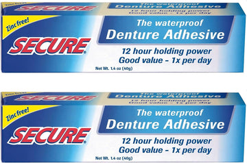 Secure Waterproof Denture Adhesive - Zinc Free - Extra Strong Hold For Upper, Lower or Partials - 1.4  (Pack of 2)