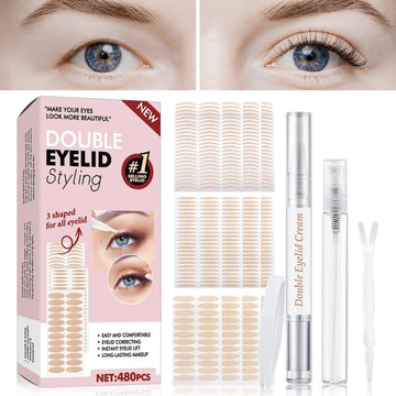 Eyelid Tape, 480 Pcs Double Lifter Strips, Invisible & Waterproof Double Eyelid Stickers with Fork Rods & Tweezers Tools - for Droopy Eyelids, Hooded Eyelids, Single Eyelids