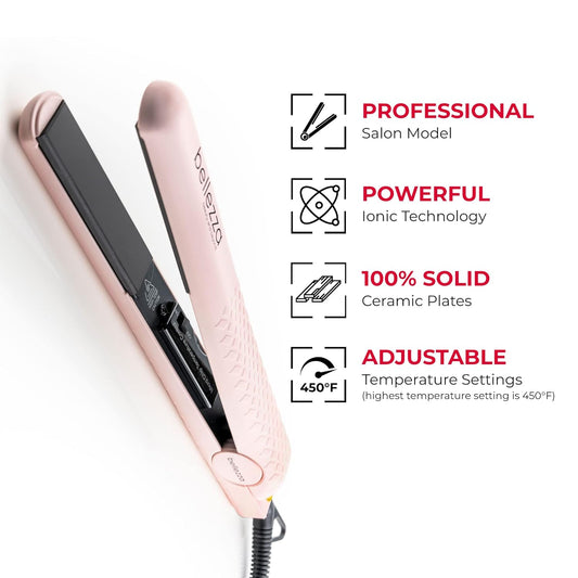 Bellezza Lumino at Iron, Gemstone Infused Tourmaline Ceramic Plates, Professional Hair Straightener, Dual Voltage, 1.25 inch (Ballet Pink)