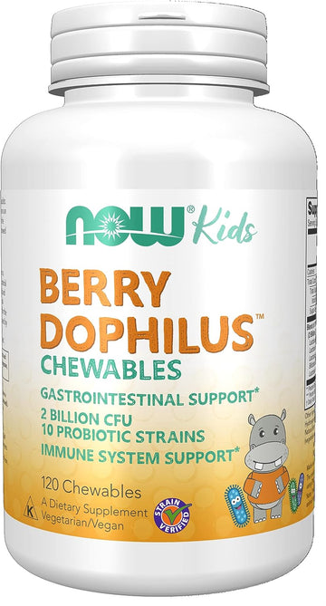 NOW Supplements, BerryDophilus? with 2 Billion, 10 Probiotic Strains, Xylitol Sweetened, Strain Verified, 120 Chewables, packaging may vary