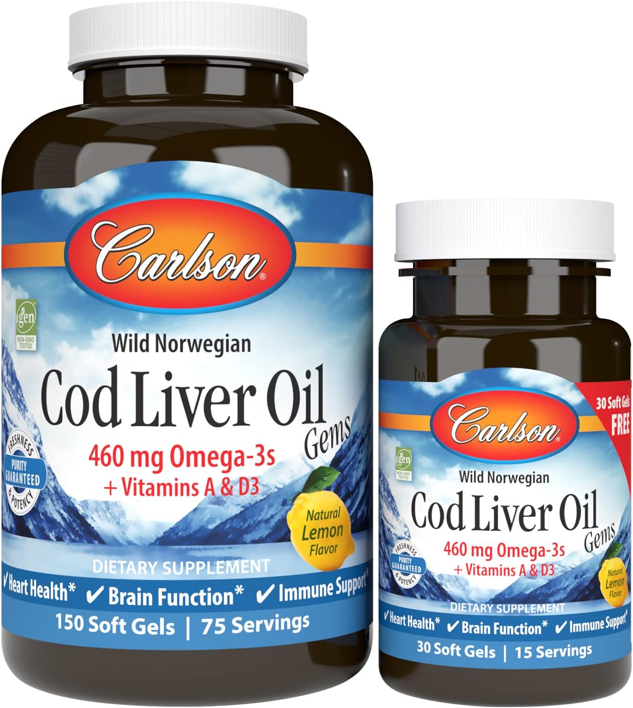 Carlson - Cod Liver Oil Gems, 460 mg Omega-3s, Plus Vitamins A and D3, Wild Caught Norwegian Arctic Cod Liver Oil, Sustainably Sourced Nordic Fish Oil Capsules, Lemon, 150 + 30 Softgels