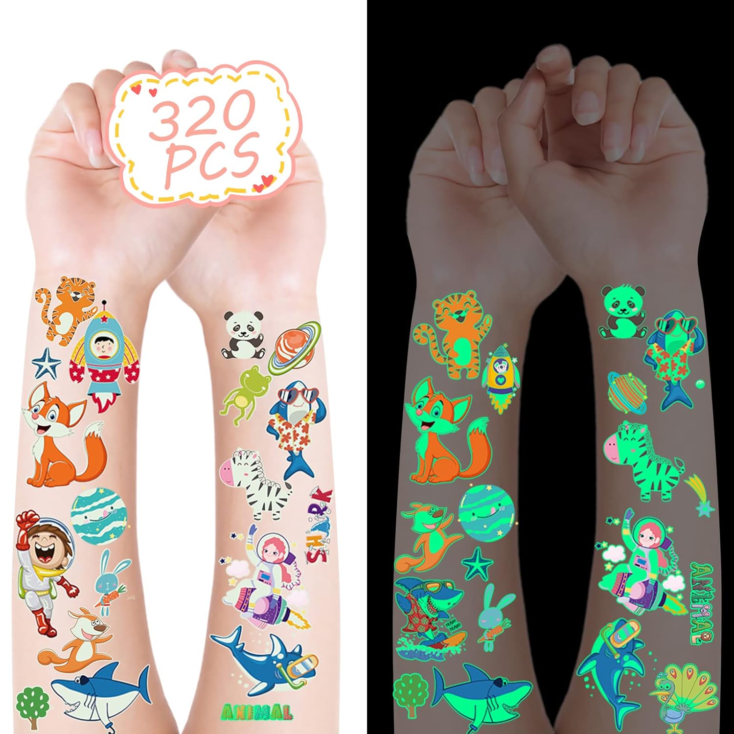 Metker Sharks,Animals,Space(320PCS) Kids Luminous Waterproof Temporary Tattoos,Fake Tattoo Sticker Party Supplies for Children,Glow Party Supplies Gifts Goody Bag Stuffers Party Bag Fillers