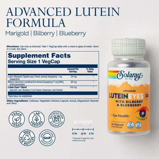 SOLARAY Advanced Lutein Eyes 24mg with Bierry Extract and Blueberry Extract, Eye & Macular Health Support Supplement Supplying Zeaxanthin from Marigold, Vegan, 30 Servings, 30 VegCaps