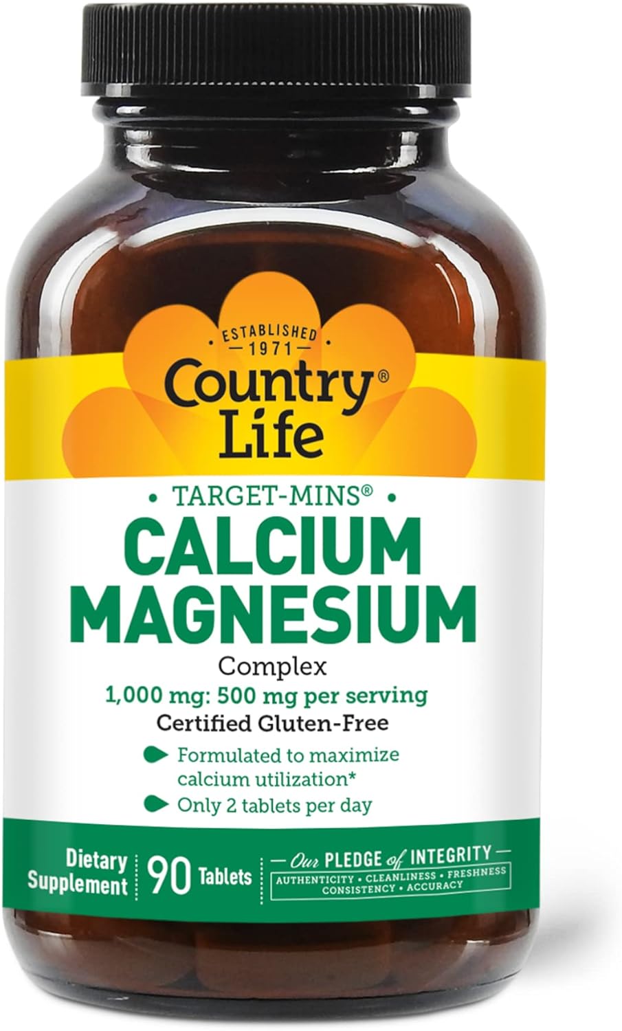 Country Life Target-Mins Calcium Magnesium Complex 1000mg/500mg, 90 Tablets, Certified Gluten Free, Certified Vegan, Cer