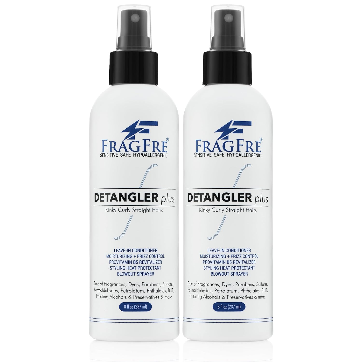 FRAGFRE Detangler plus Styling Hair Spray 8  (2-Pack Gift Set) - Heat Protectant and Blowout Spray - Leave in Conditioner for Sensitive Skin - Fragrance Free Hypoallergenic Unscented