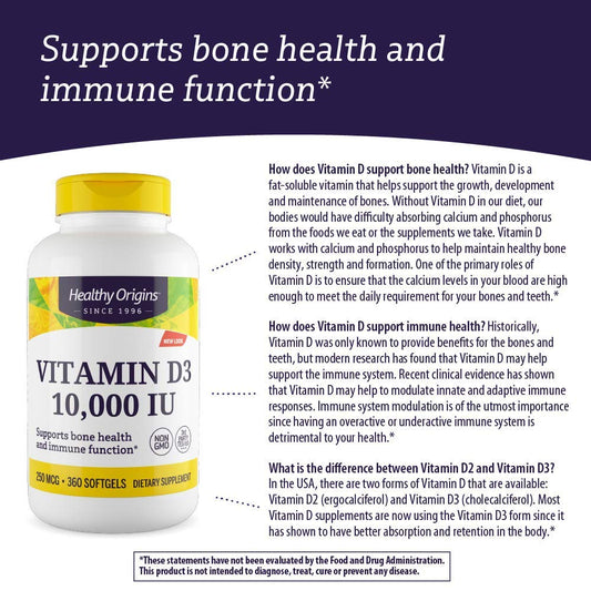 Healthy Origins Vitamin D3 10,000 IU (Non-GMO), 360 Softgels