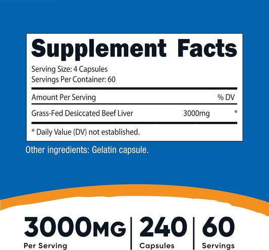 Nutricost Grass Fed Desiccated Beef Liver Capsules 3000mg (750mg Per Cap) - No Hormones, Non-GMO, Gluten Free, Pasture-Raised, Free Range Beef (240 Count (Pack of 1))