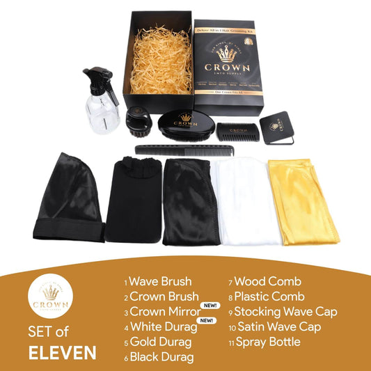 11 in 1 Deluxe Wave Kit - 3 Silky Durags for Men, Medium Hard Wave Brush, Crown Soft Bristle Brush Beard, Wood & Plastic Wave Comb, Spray Bottle, 2 Silky Stocking Wave Cap, Crown Mirror, Hair Care Kit