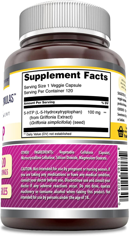 Amazing Formulas 5 HTP Hydroxytryptophan 100mg | Made from Griffonia Simplicifolia Seed Extract | 120 Veggie Capsules | Non-GMO | Gluten Free | Made in USA | Suitable for Vegetarians
